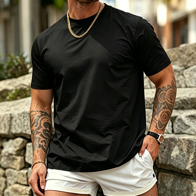 Men Slim Fit Short Sleeve T Shirt Summer Elastic Soft Basic Tops Classic Crew Neck Casual Daily Street Outdoor Wear for Men