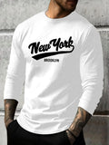 100% pure cotton men's long sleeved round neck loose New York letter printed autumn and winter casual versatile T-shirt top