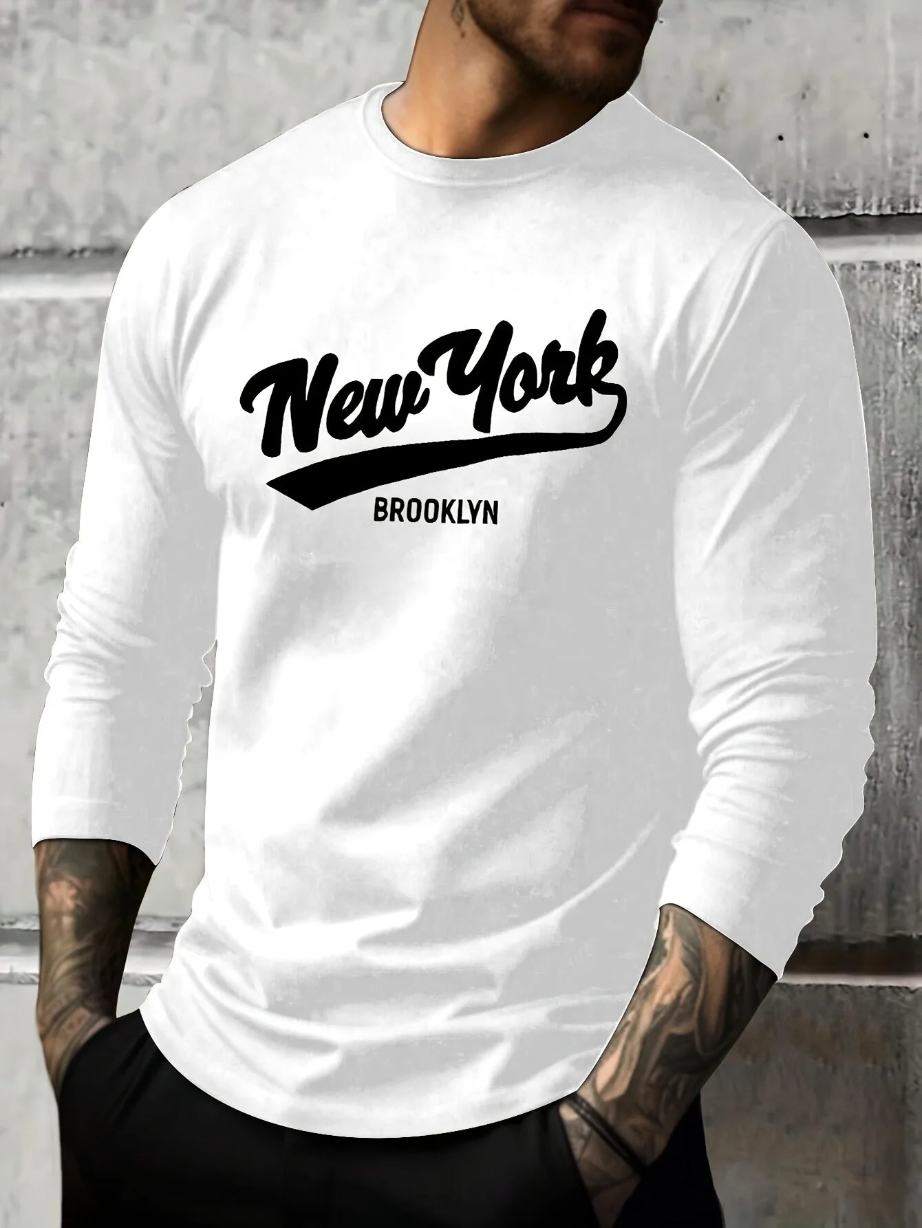 100% pure cotton men's long sleeved round neck loose New York letter printed autumn and winter casual versatile T-shirt top