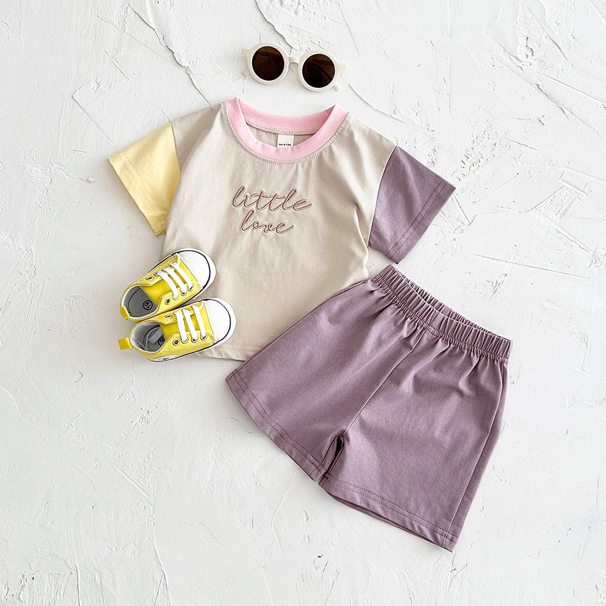 2024 New Baby Girls Clothes Set Casual Embroidered Letters Color Patchwork Short Sleeved T-shirt+loose Shorts Summer Boys Suit