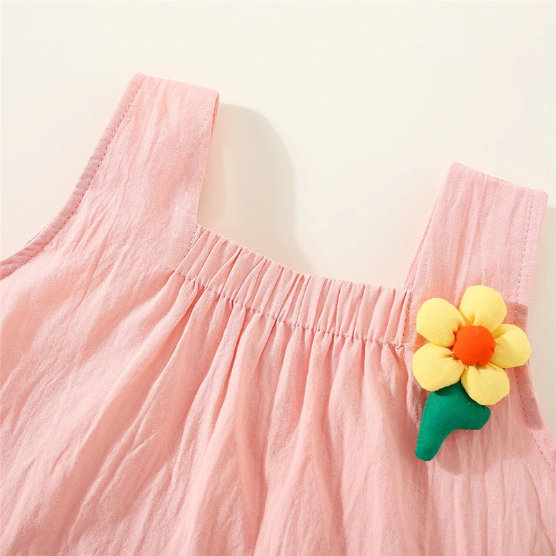 Summer Baby Girl Outfit Set Korean Style Fashion Pink Flower Tops And Cotton Comfortable Solid Color Toddler Shorts