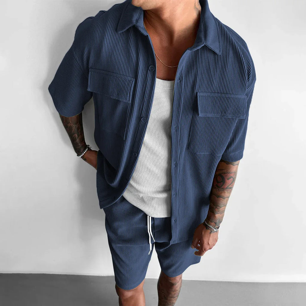 Summer Corduroy Men's Set Hawaii Men's Short sleeve Sports Set Casual Corduroy Shirt+Shorts 2-Piece Set Trendy Streetwear K-pop