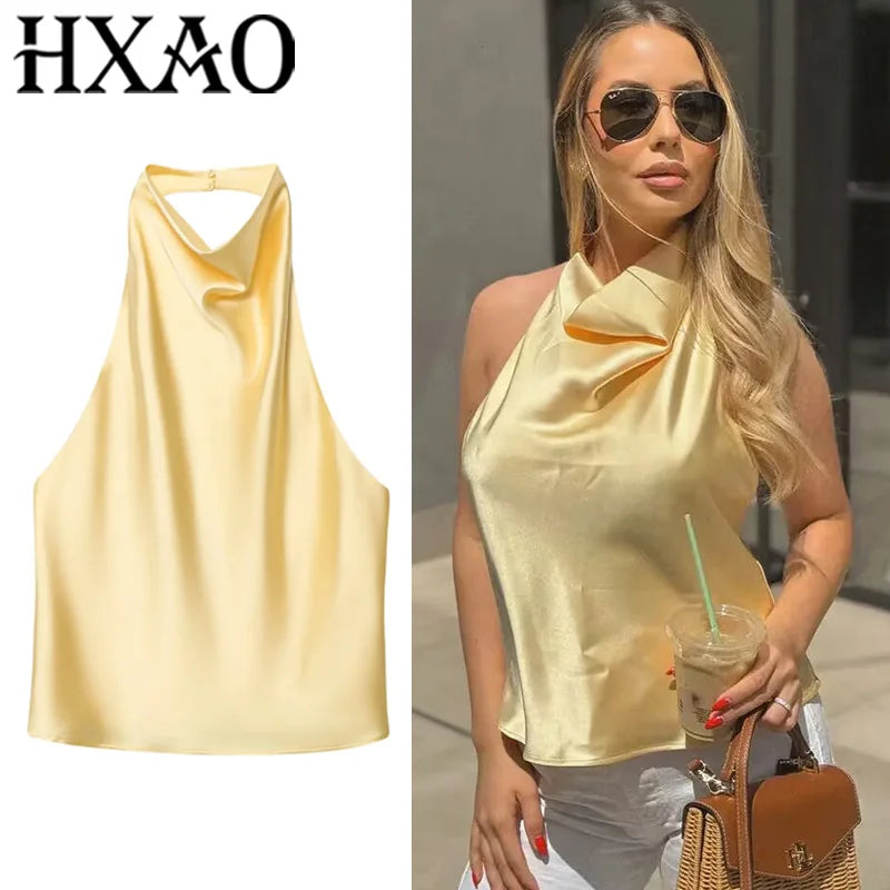 HXAO Halter Neck Women's Top Off Shoulder Satin Crop Top Women Summer Sexy Backless Tank Party Tops Y2K Aesthetic Camisole