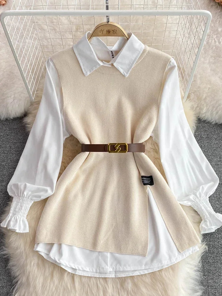 Women's Chic Age-Reducing 2-Piece Set Long Sleeve White Shirt Sweater Loose Fit Knit Vest Pullover Spring Autumn Fashion
