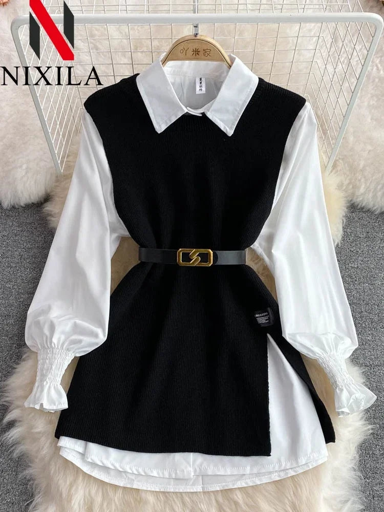 Women's Chic Age-Reducing 2-Piece Set Long Sleeve White Shirt Sweater Loose Fit Knit Vest Pullover Spring Autumn Fashion