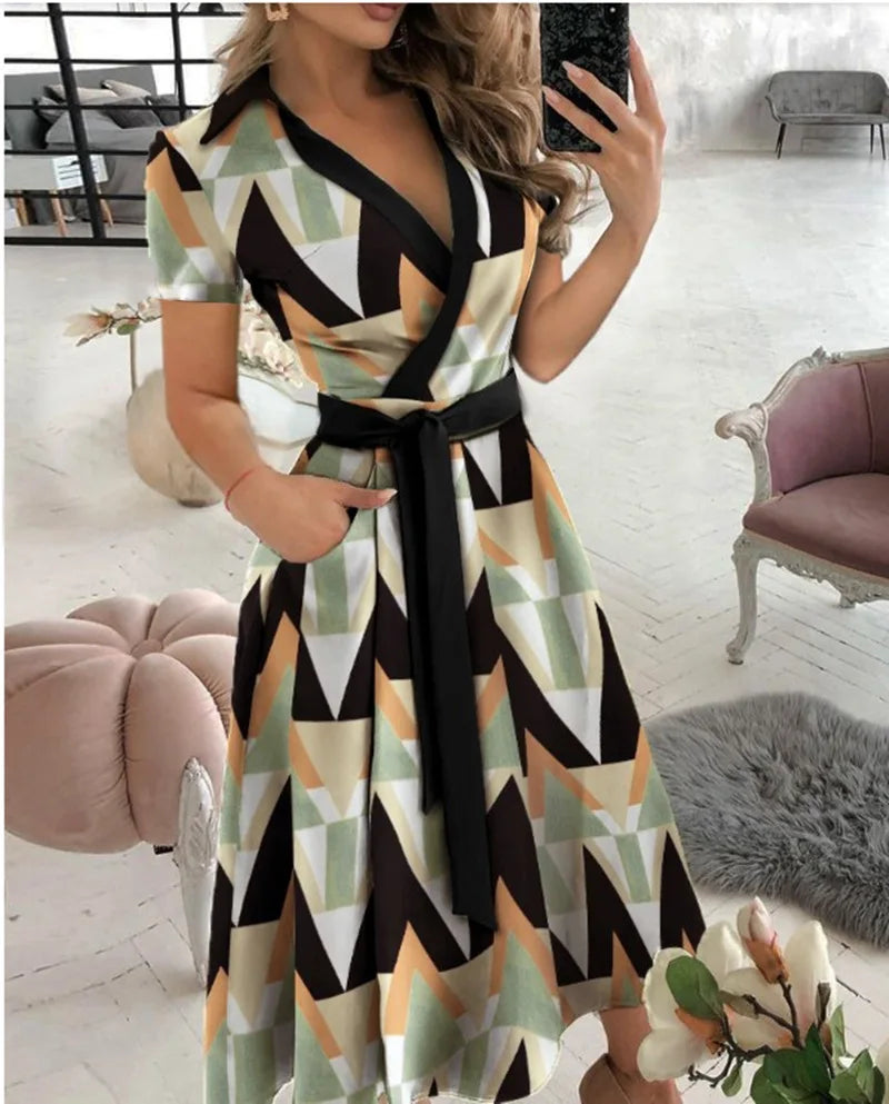 Women's Short Sleeve Wrap Dress V Neck Midi Dress With Self Tie Belt And Side Pockets For Casual Party Evening Wear