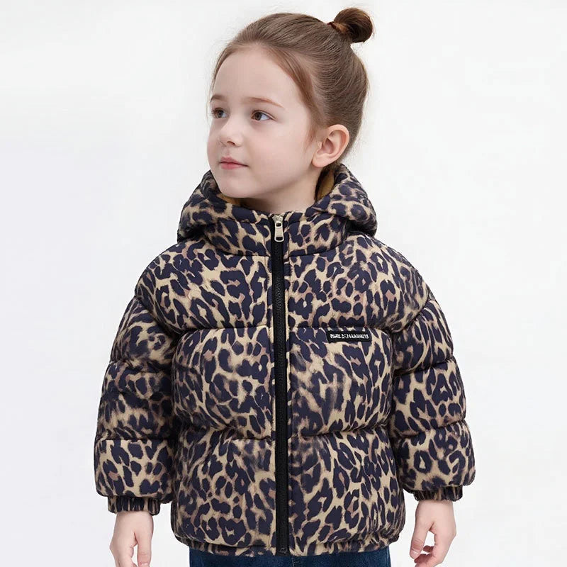 Kids Leopard Down Cotton Jacket Boys Girls Thick Plus Velvet Warm Coats Baby Floral Print Parka Children Clothing 1-5 Years