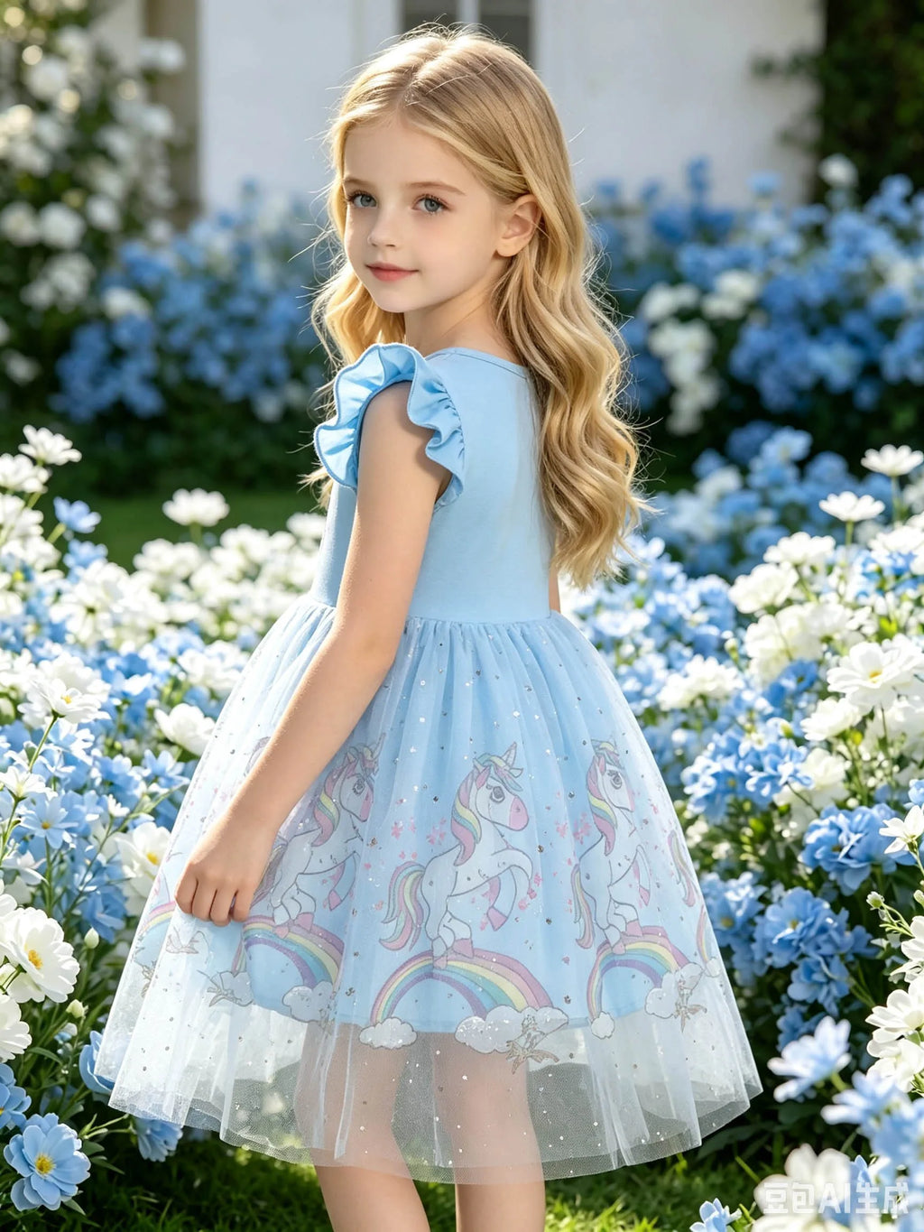 Light Blue Crown Cloud Unicorn Flutter Sleeve Dress for Girls, Star Tulle Puffy Princess Dress