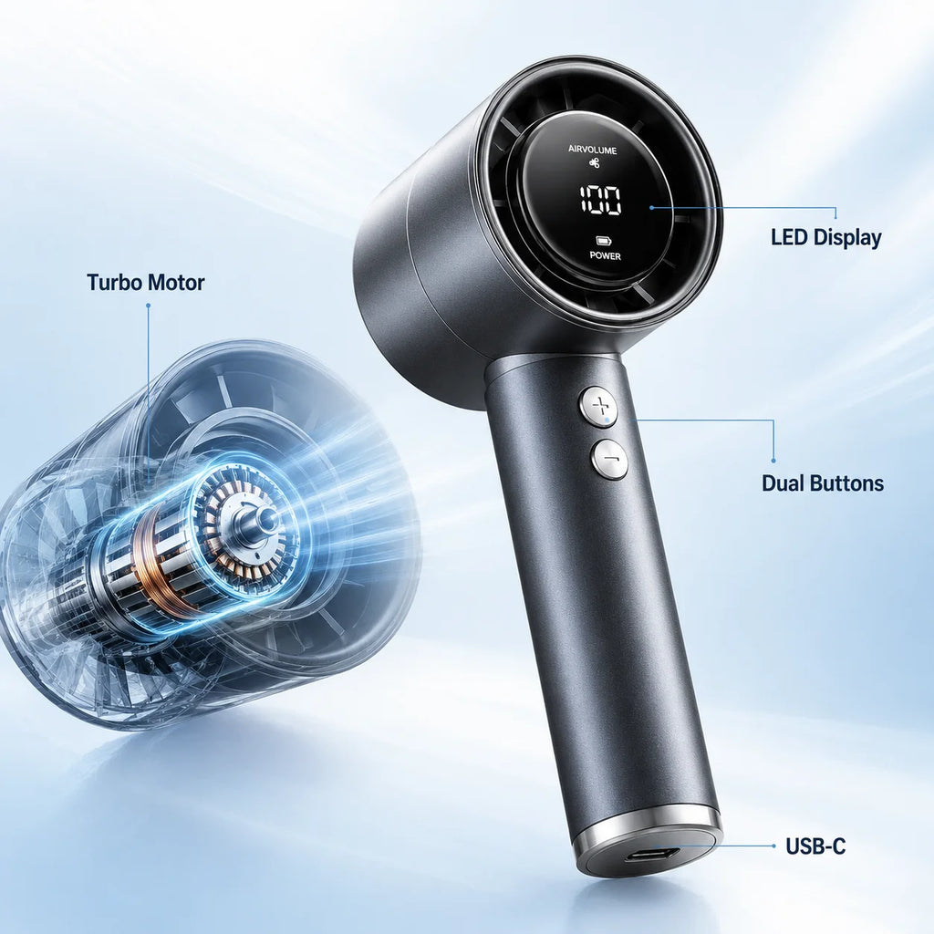 USB Rechargeable Turbo Fan Portable Handheld Mini Air Cooler LED Display Quiet Cooling for Outdoor Travel Office Desk Home Use
