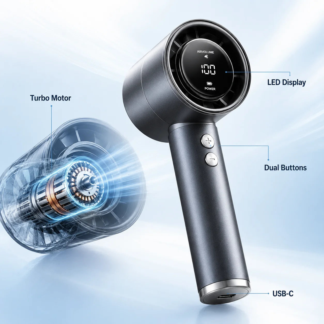 USB Rechargeable Turbo Fan Portable Handheld Mini Air Cooler LED Display Quiet Cooling for Outdoor Travel Office Desk Home Use