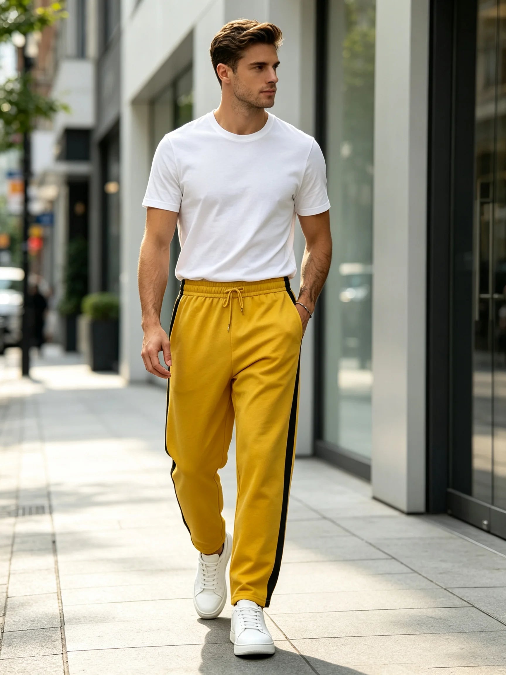 Men's Sweatpants & Joggers: Side Stripe Straight Pants w/ Elastic Waist & Pkt, Soft Loose Fit for Sports, Street & Daily Use