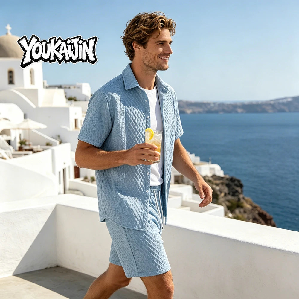 Summer New Men's Casual White Sportswear Shirt with A Lapel Men's Short-sleeved Button Shirt and Shorts Jacquard Texture Suit