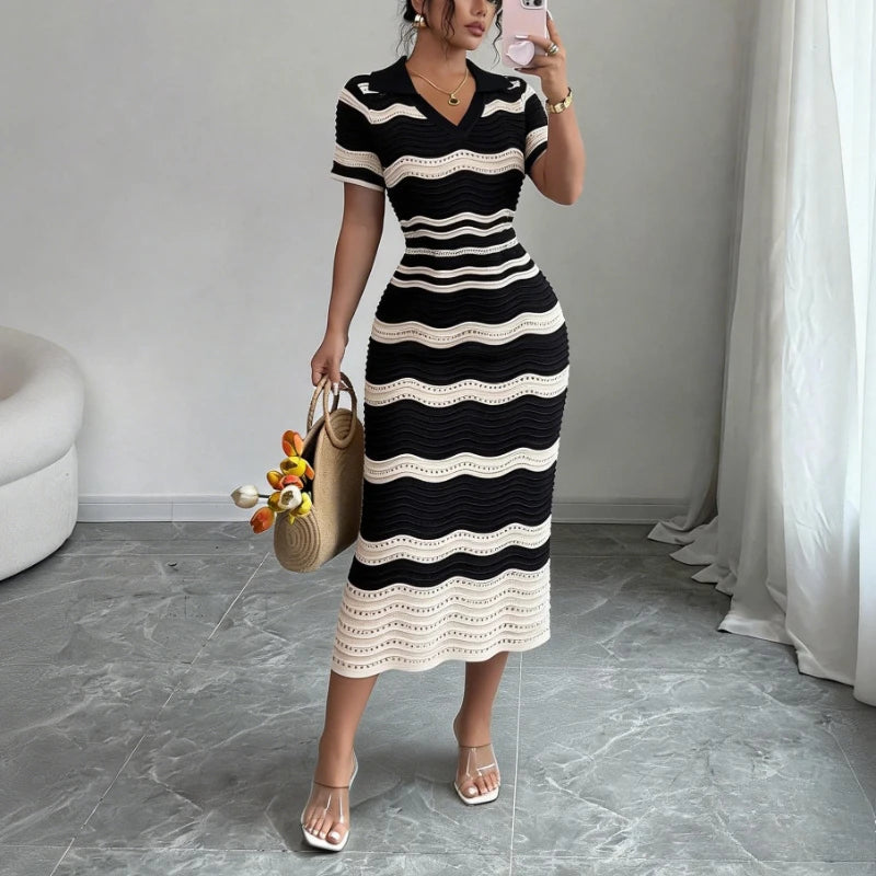 Women's Wavy Striped V-Neck Short Sleeve Elastic Sundress Ribbed Knit Bodycon Long Dress Crochet Hollow Out Summer Party Dress