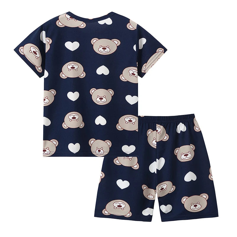 2-Piece Children's Cute Bear Print Fashion Suit Boy's Casual Fashion Round Neck Shirt Girl's Comfortable Wild Shorts Combination