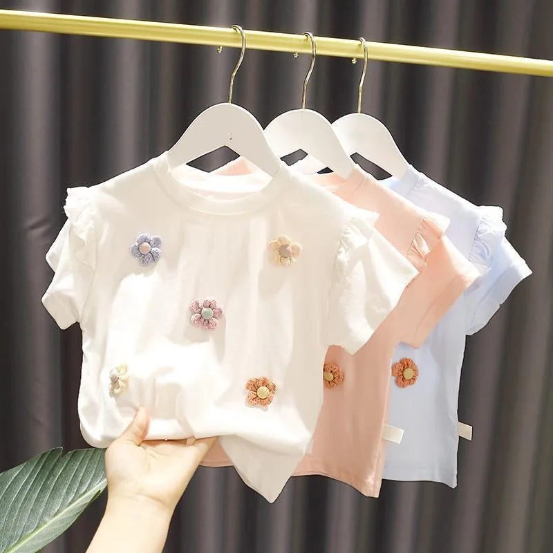 Children Summer Clothes Baby Girl Tops Short Sleeve Round Neck T-Shirt Breathable Cute Design Sweet 3D Flowers Trendy T-shirt