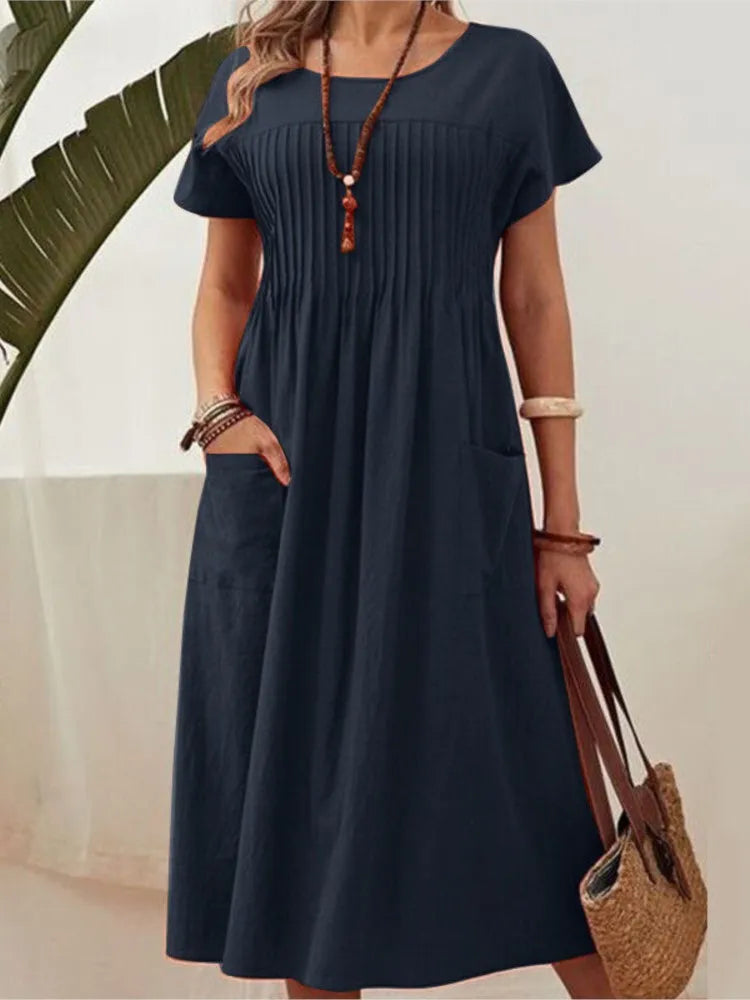 Women's Summer Dress New Pleated Front Loose A‑Line Dress Casual Daily Outdoor Vacation Ladies Long Dresses For Women Robe Femme