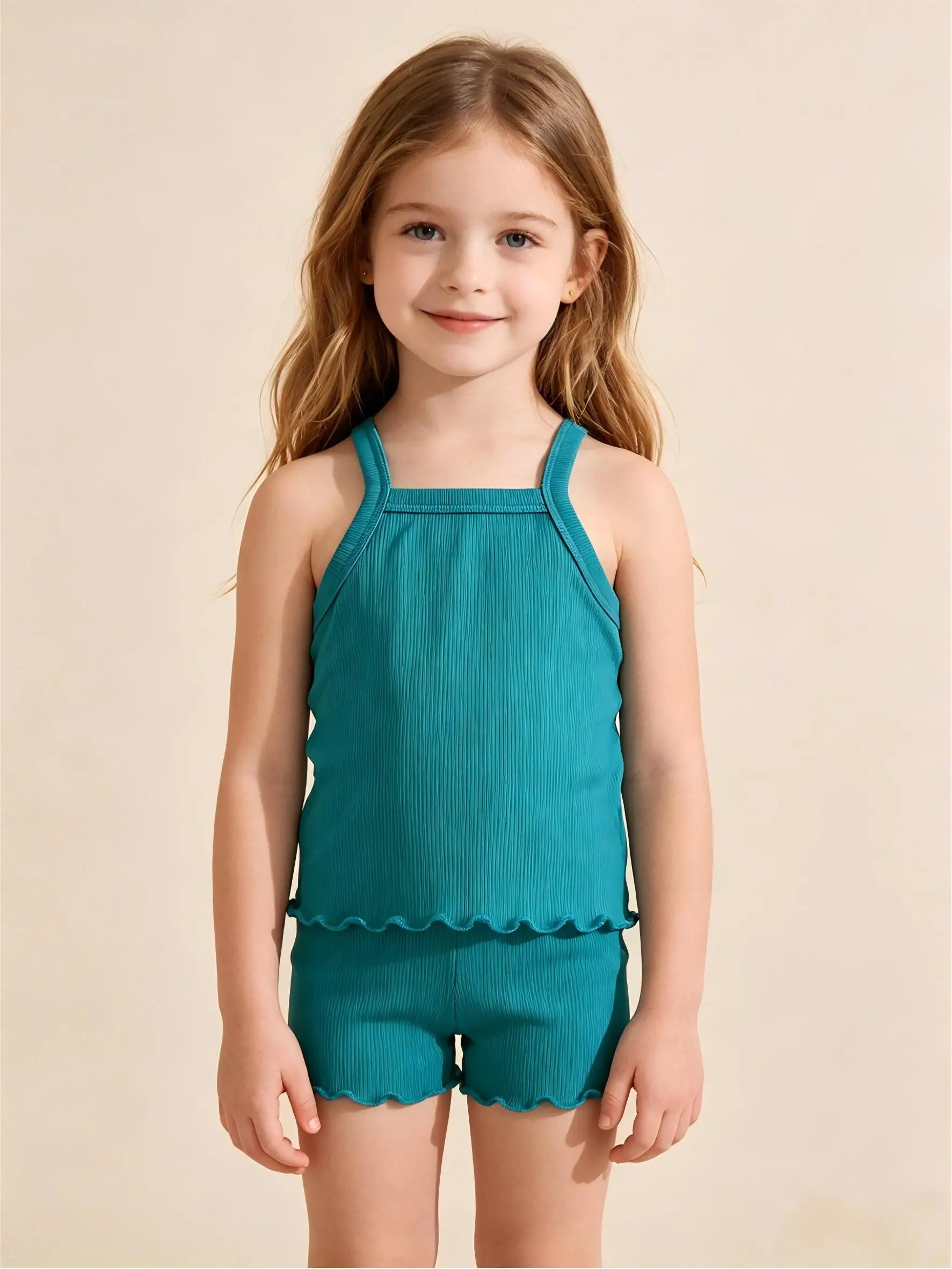 1Pc Kids Girls Solid Ribbed Singlet Thin Frill Edge Camisole Sleeveless Spaghetti Strap Breathable Underwear Home Top For 2-10Y