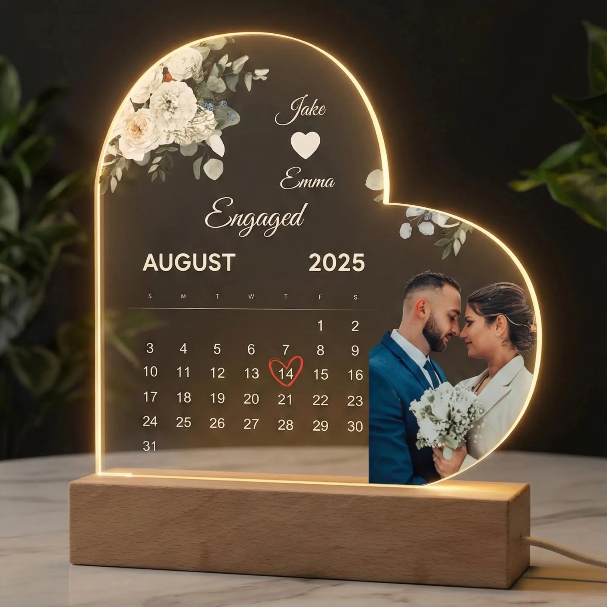 Custom Photo Heart-Shaped Calendar Acrylic Romantic Valentines Couple Gift for Girlfriend Lovers Anniversary Newlywed Present