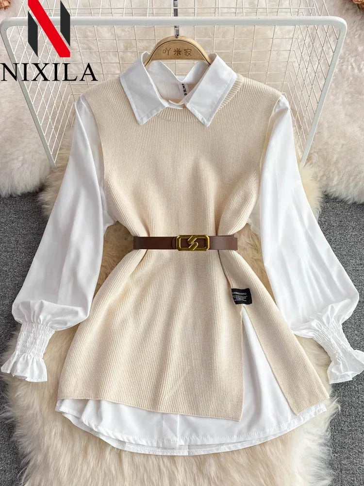 Women's Chic Age-Reducing 2-Piece Set Long Sleeve White Shirt Sweater Loose Fit Knit Vest Pullover Spring Autumn Fashion