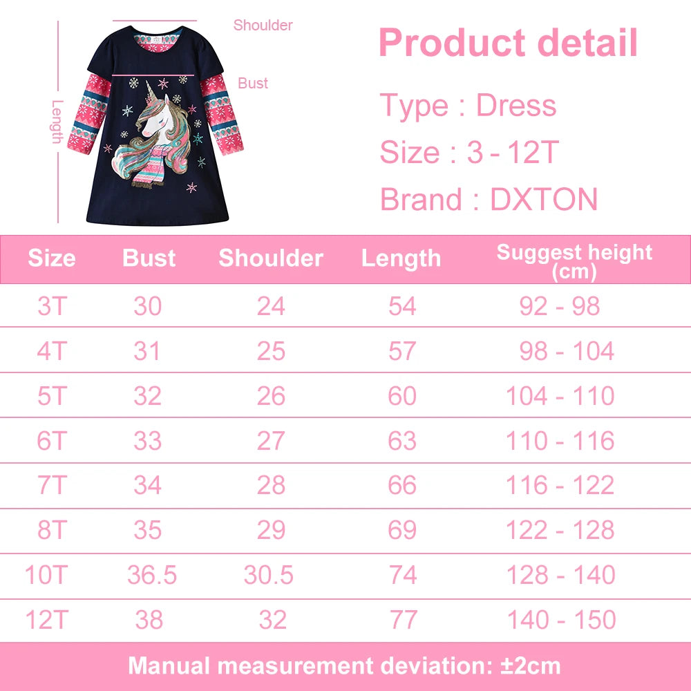 DXTON Children Cotton Dresses A-line Straight Girls Daily Dress Snowflakes Kids Autumn Clothing Unicorn Baby Girls Cartoon Dress