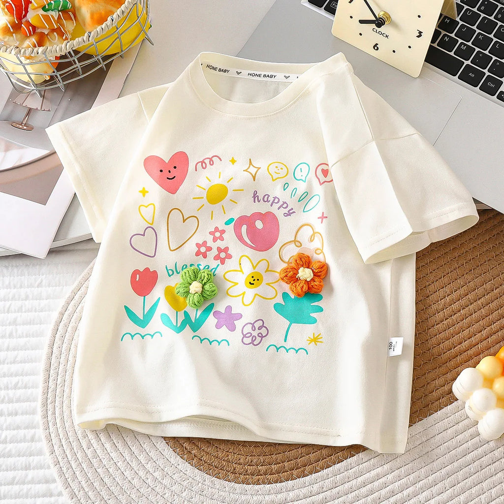 18M-9T summer children kids girls fashion cartoon cotton short sleeve stretch T shirt