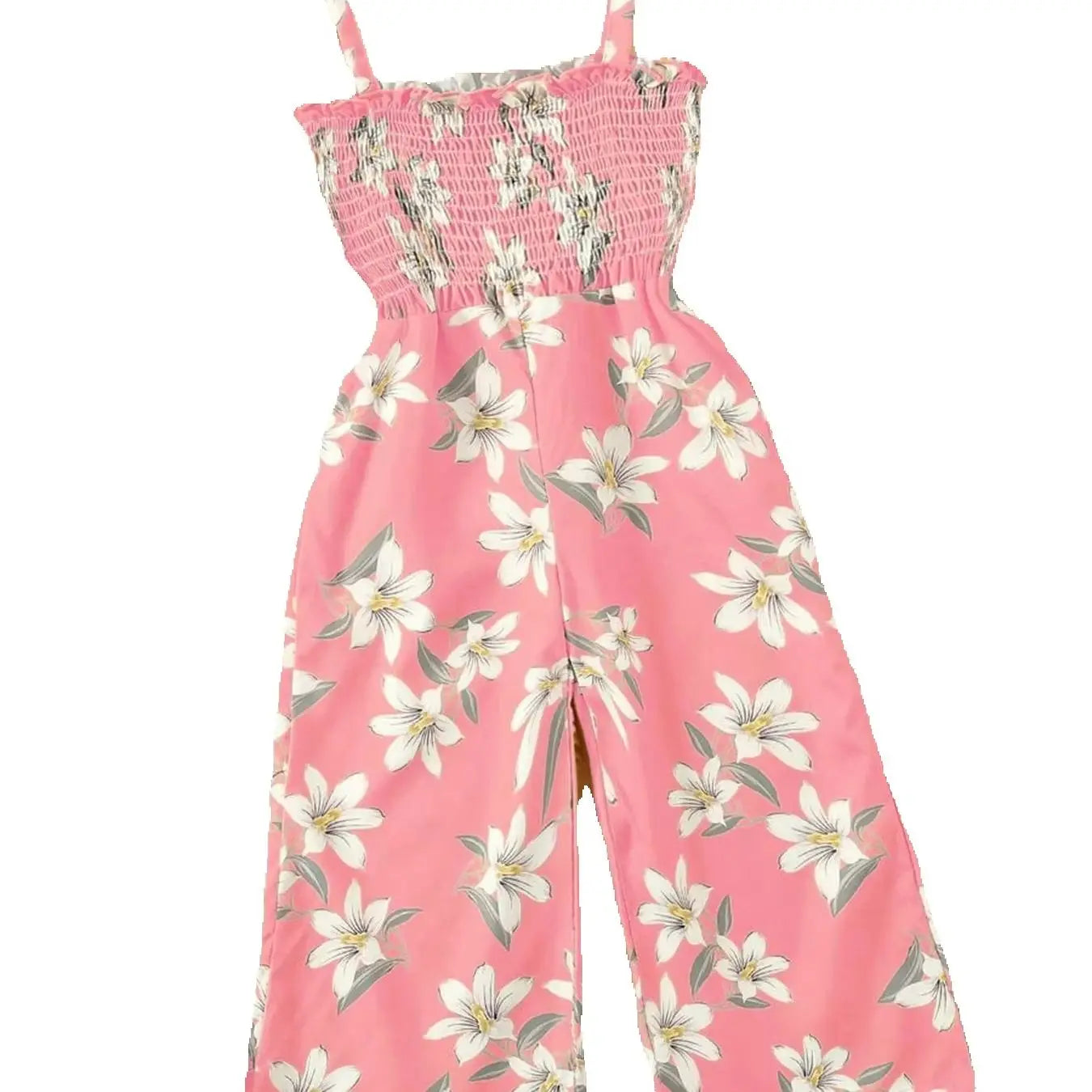 Summer fresh casual children's clothing, girls' pink lily print suspender, waist cinched wide leg pants, jumpsuit