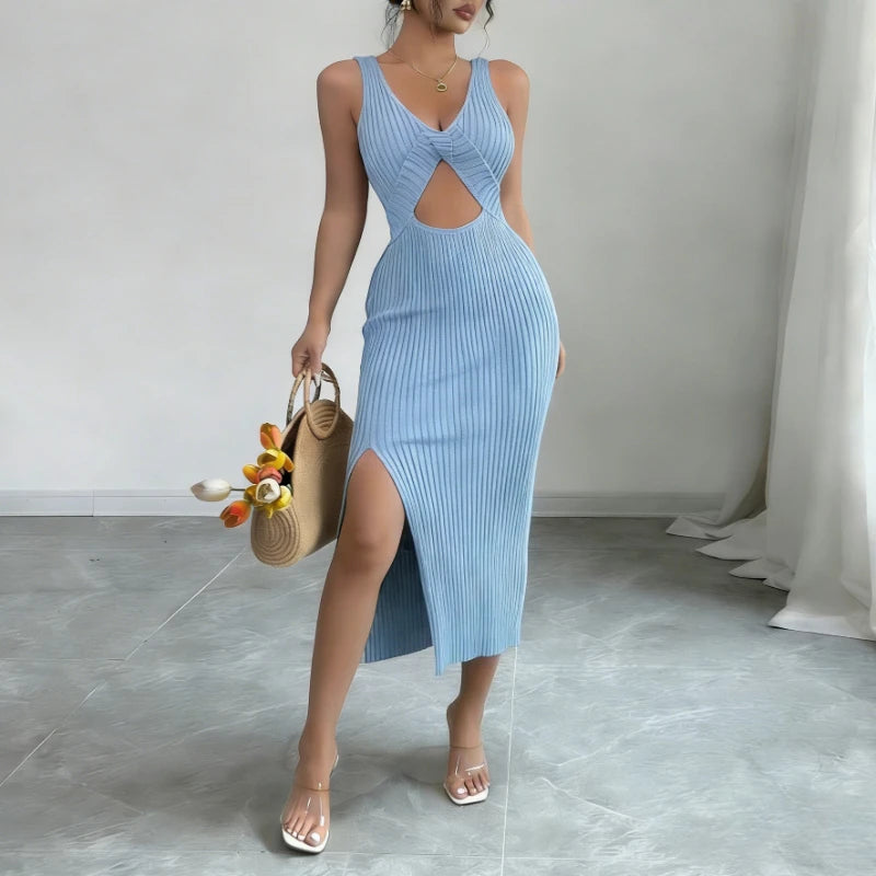 Green Twist Front Cutout Slit Midi Dress Women's Sleeveless Sundress V Neck Stretchy Ribbed Knit Party Clubwear Dress Outfits