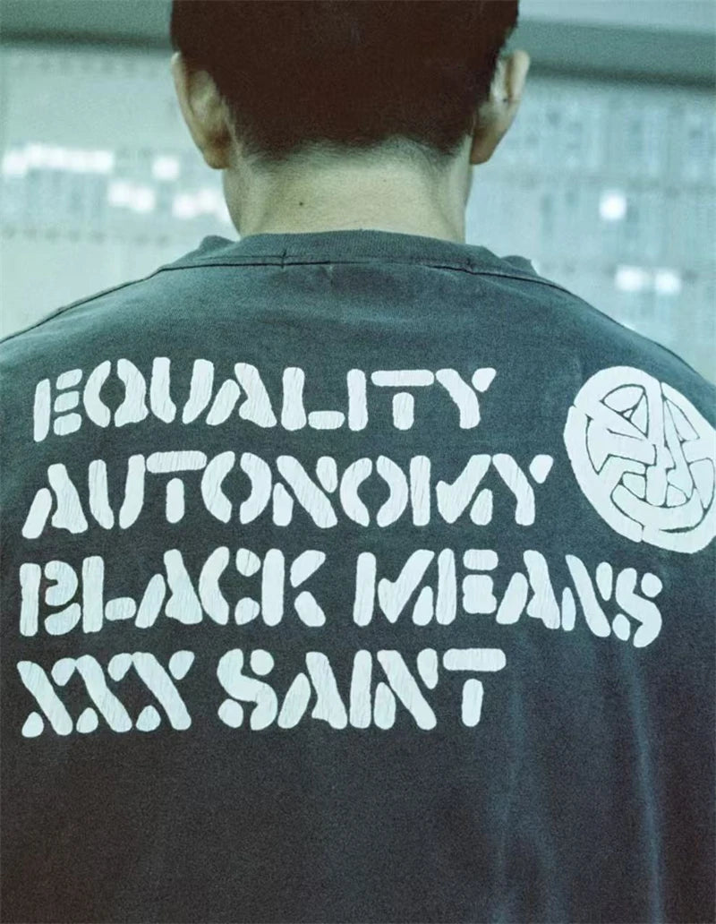 SAINT FW26 Retro American Street Circular Letter Printed Round Neck Hoodie Washed Ink Splashed Short Sleeve High Street T-shirt