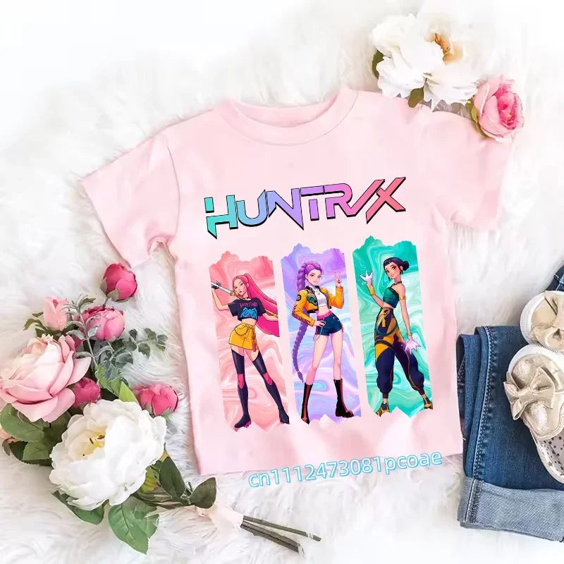2026 Children's K-pop Demon Hunters T-shirt, a clothing item featuring anime cartoon patterns, a girls' casual top, gift options