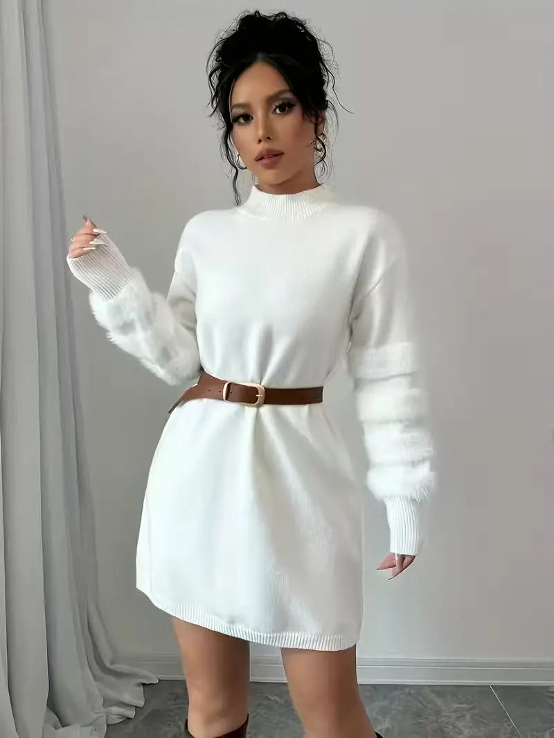 Women's Casual Solid-Color Stand-Collar Loose-Fit Knit Patchwork Dress, Belt Not Included, Fall/Winter Women's Apparel