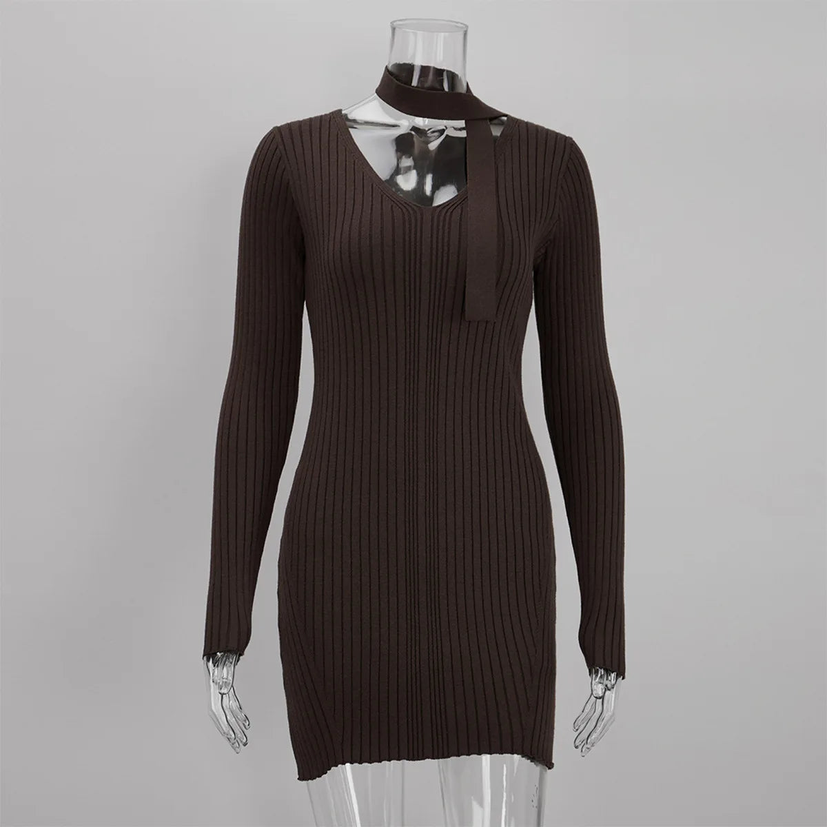 Dress with New Ribbed Mini Detachable Neck Scarf Design for Women's Elegant Outdoor Short Skirt