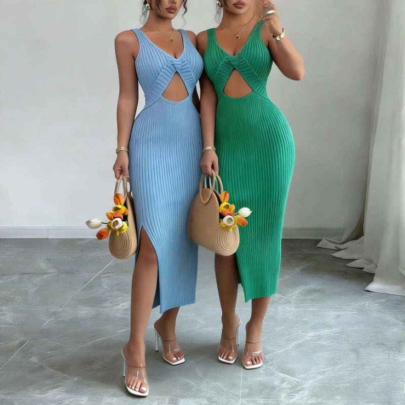 Green Twist Front Cutout Slit Midi Dress Women's Sleeveless Sundress V Neck Stretchy Ribbed Knit Party Clubwear Dress Outfits
