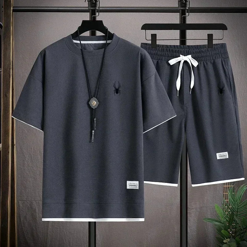 Men's Short Sleeve T Shirt Sports Shorts Set Casual Sportswear Korean Fashion Summer Breathable Gym Fitness Tracksuit 2 Piece Ou