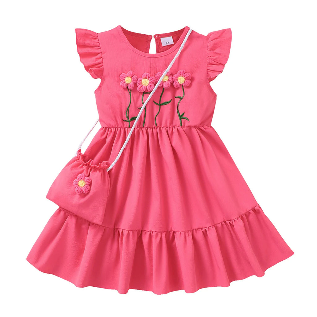 3PCS Fashion Girls 1-6 Years Old Summer Blue Sweet Sleeveless A-line Children's Dress 3D Wool Flower+Small Pocket Casual Dress