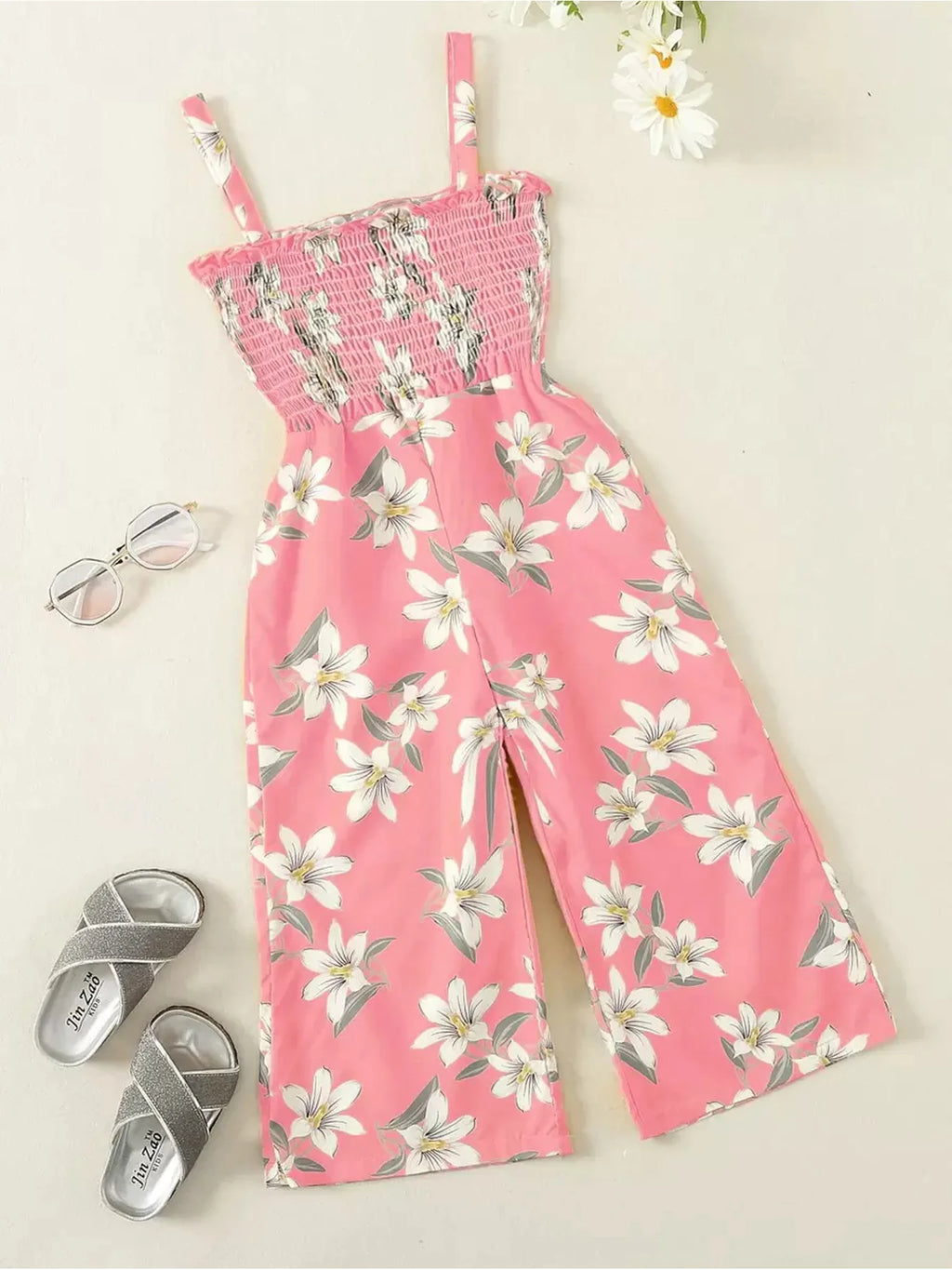 Summer fresh casual children's clothing, girls' pink lily print suspender, waist cinched wide leg pants, jumpsuit