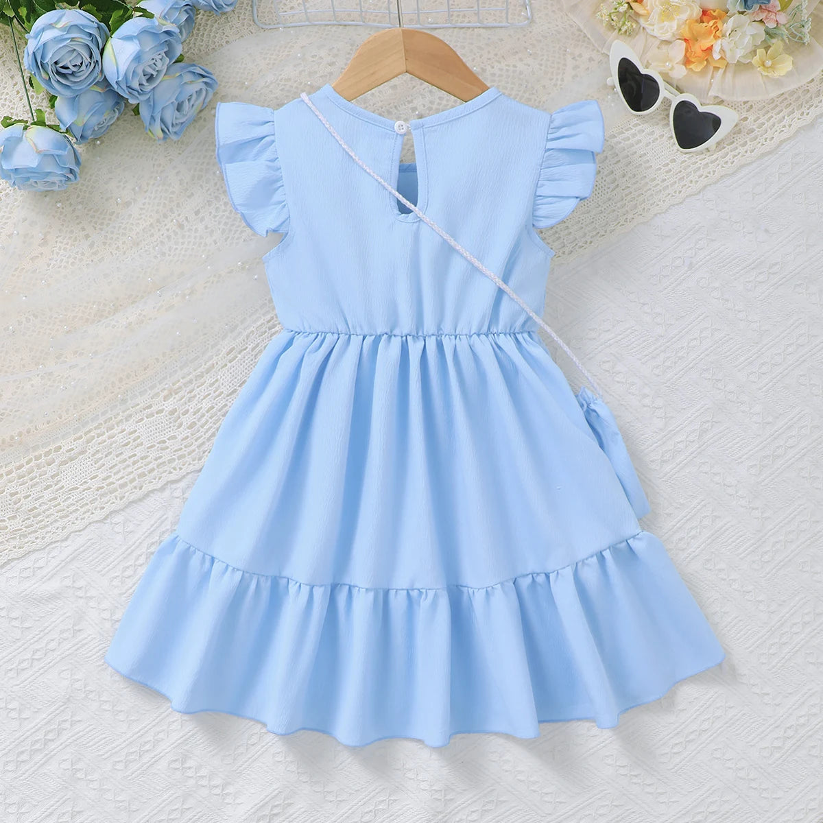 3PCS Fashion Girls 1-6 Years Old Summer Blue Sweet Sleeveless A-line Children's Dress 3D Wool Flower+Small Pocket Casual Dress
