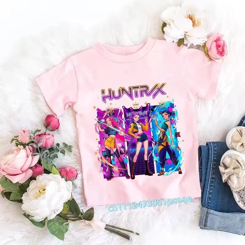 2026 Children's K-pop Demon Hunters T-shirt, a clothing item featuring anime cartoon patterns, a girls' casual top, gift options