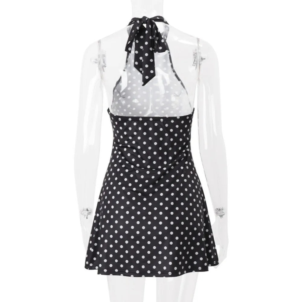 Trendy Backless Women's Sleeveless Dress A-Line Cinched Waist Polka Dot Dress Sexy Breathable Halter Neck Dress Resort Wear