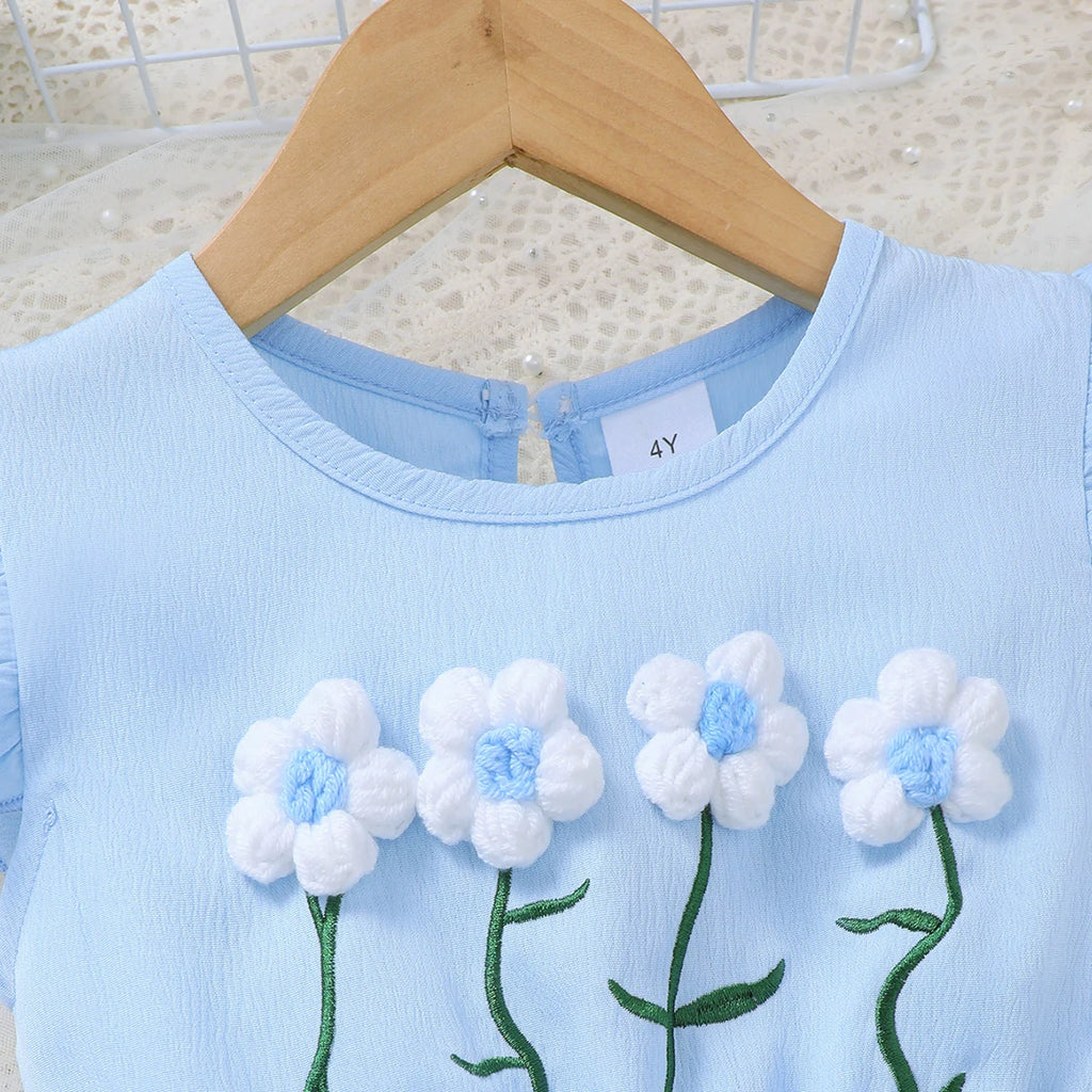 3PCS Fashion Girls 1-6 Years Old Summer Blue Sweet Sleeveless A-line Children's Dress 3D Wool Flower+Small Pocket Casual Dress