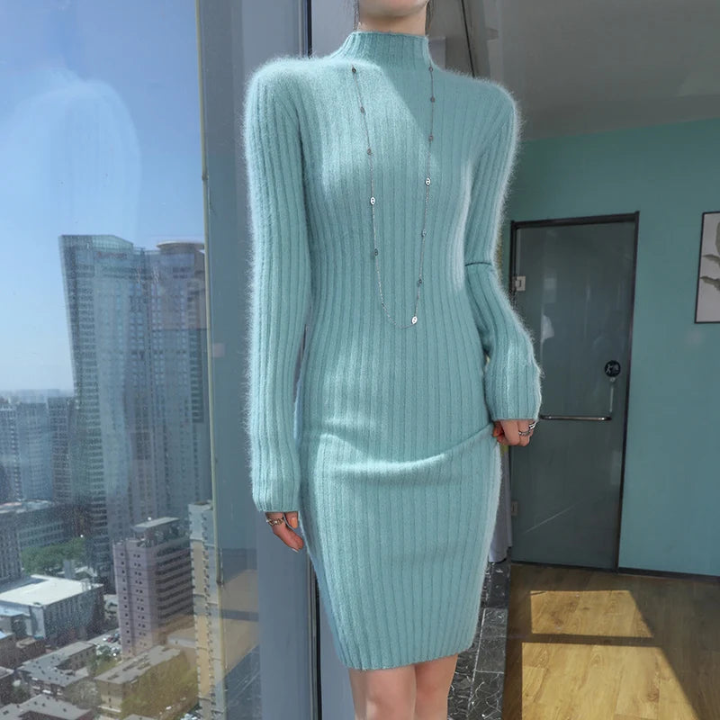 WinvyNee Women Midi Dress Mink Velvet Fitted High Neck Long Sleeve Brushed Fabric Cozy Street Look Casual Knit Garment ZE1248024