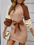 Ladies Colorblock Knit Sweater Dress Raglan Long Sleeve Bodycon Mini Dress Belt Fall Winter Elegant Party Women Knit Dresses