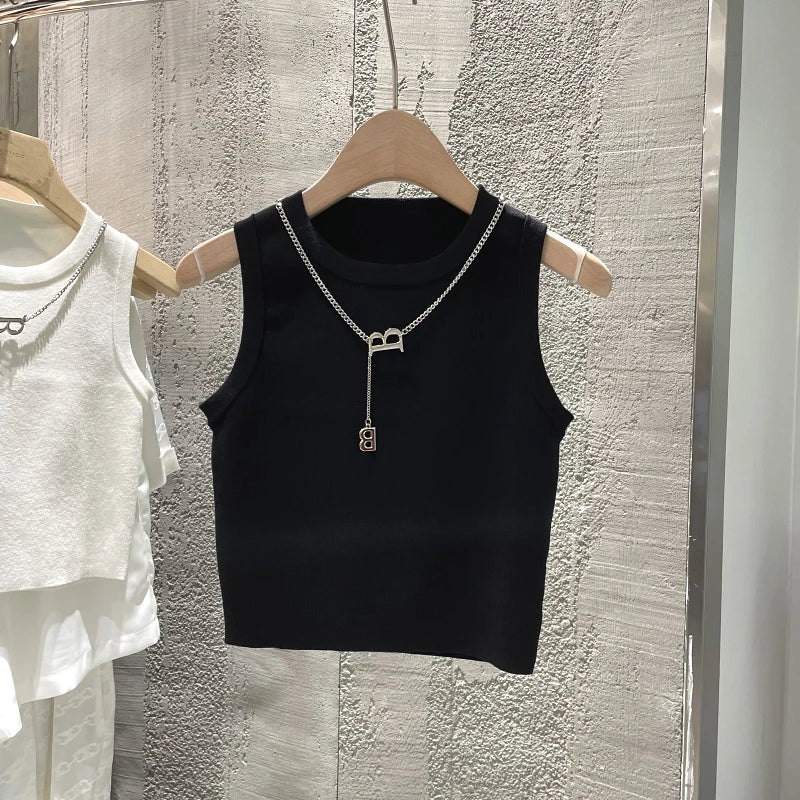 AOSSVIAO 2026 New Waistcoat Women Wear Striped Wide Edge Temperament Summer Top Short Knit Sleeveless Bottom Shirt