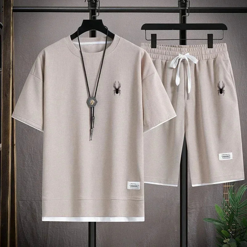 Men's Short Sleeve T Shirt Sports Shorts Set Casual Sportswear Korean Fashion Summer Breathable Gym Fitness Tracksuit 2 Piece Ou