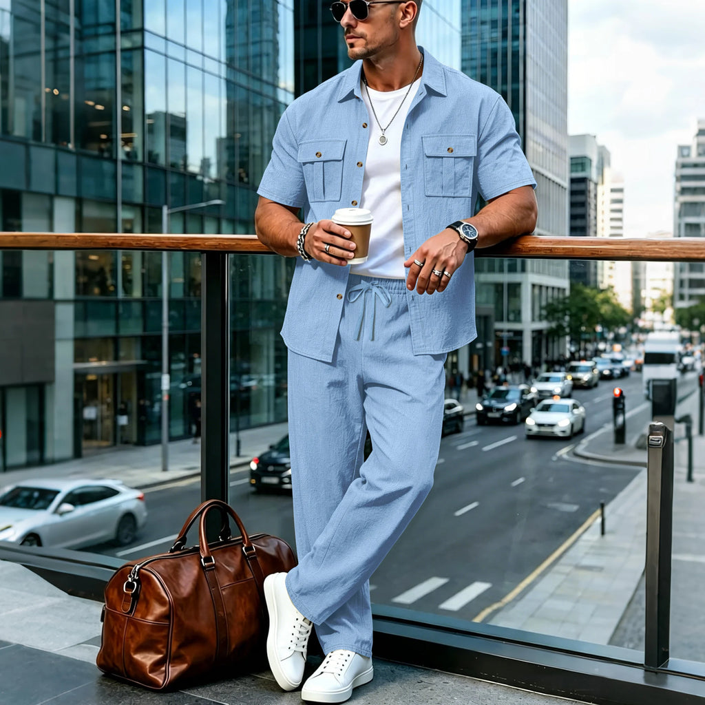 2026 Men's Casual Linen Textured Short Sleeve Shirt & Pants 2 Piece Set Streetwear Outfit
