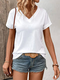 Spring and Summer Women's Casual Short-Sleeved V-Neck T-Shirt, Solid Color Style