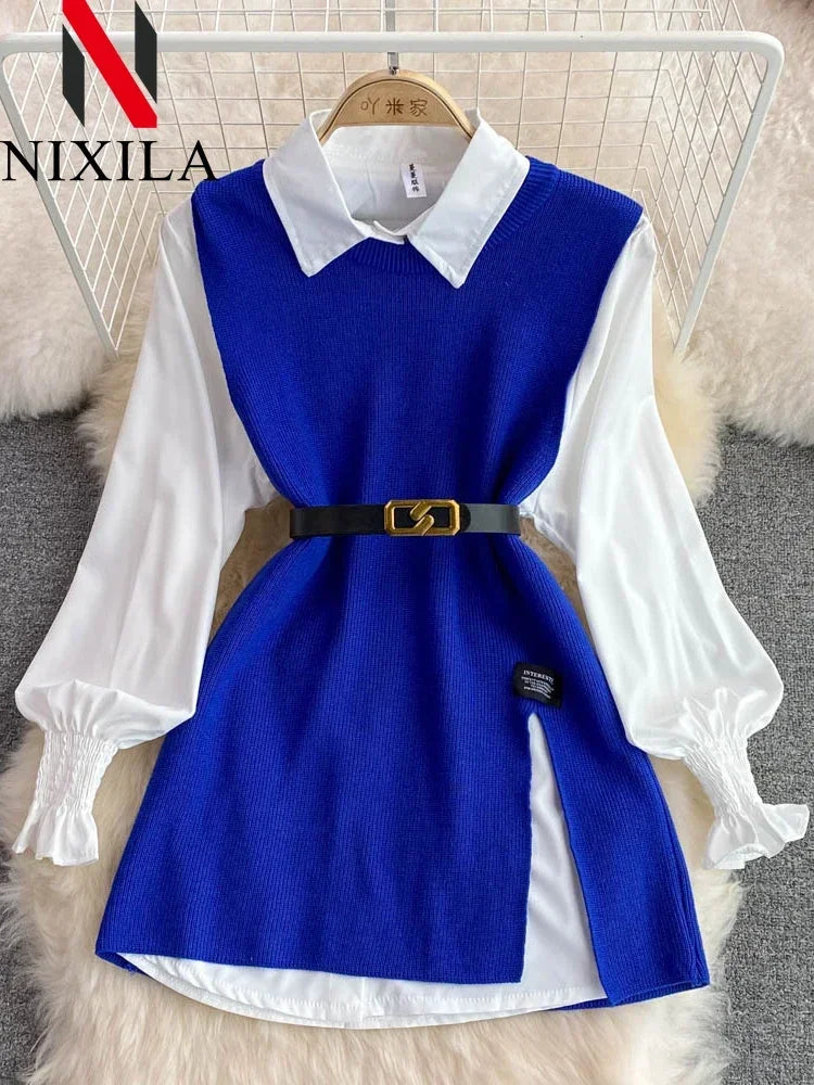 Women's Chic Age-Reducing 2-Piece Set Long Sleeve White Shirt Sweater Loose Fit Knit Vest Pullover Spring Autumn Fashion