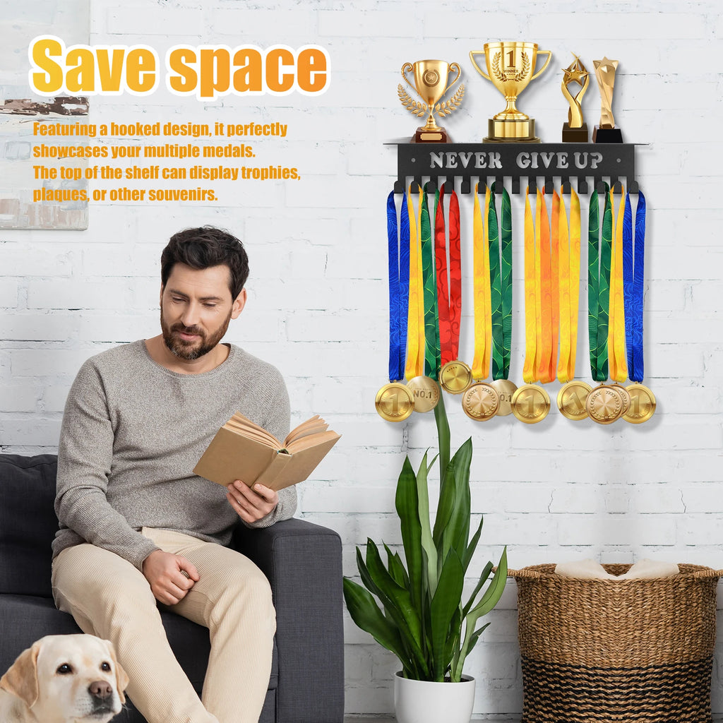 Medal Hanger Display Rack Wall Mount Metal Trophy Rack Ribbons Medals Display Hanger with Inspirational Words for Soccer Race