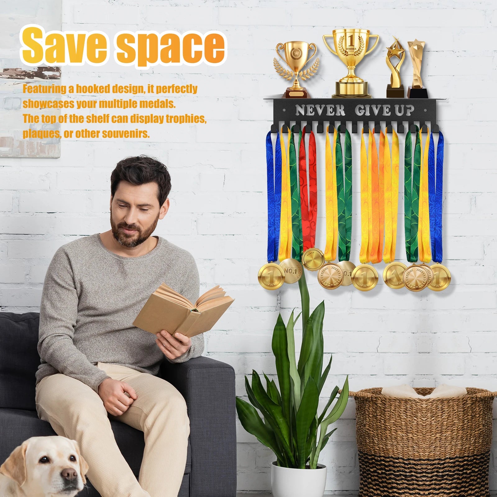 Medal Hanger Display Rack Wall Mount Metal Trophy Rack Ribbons Medals Display Hanger with Inspirational Words for Soccer Race