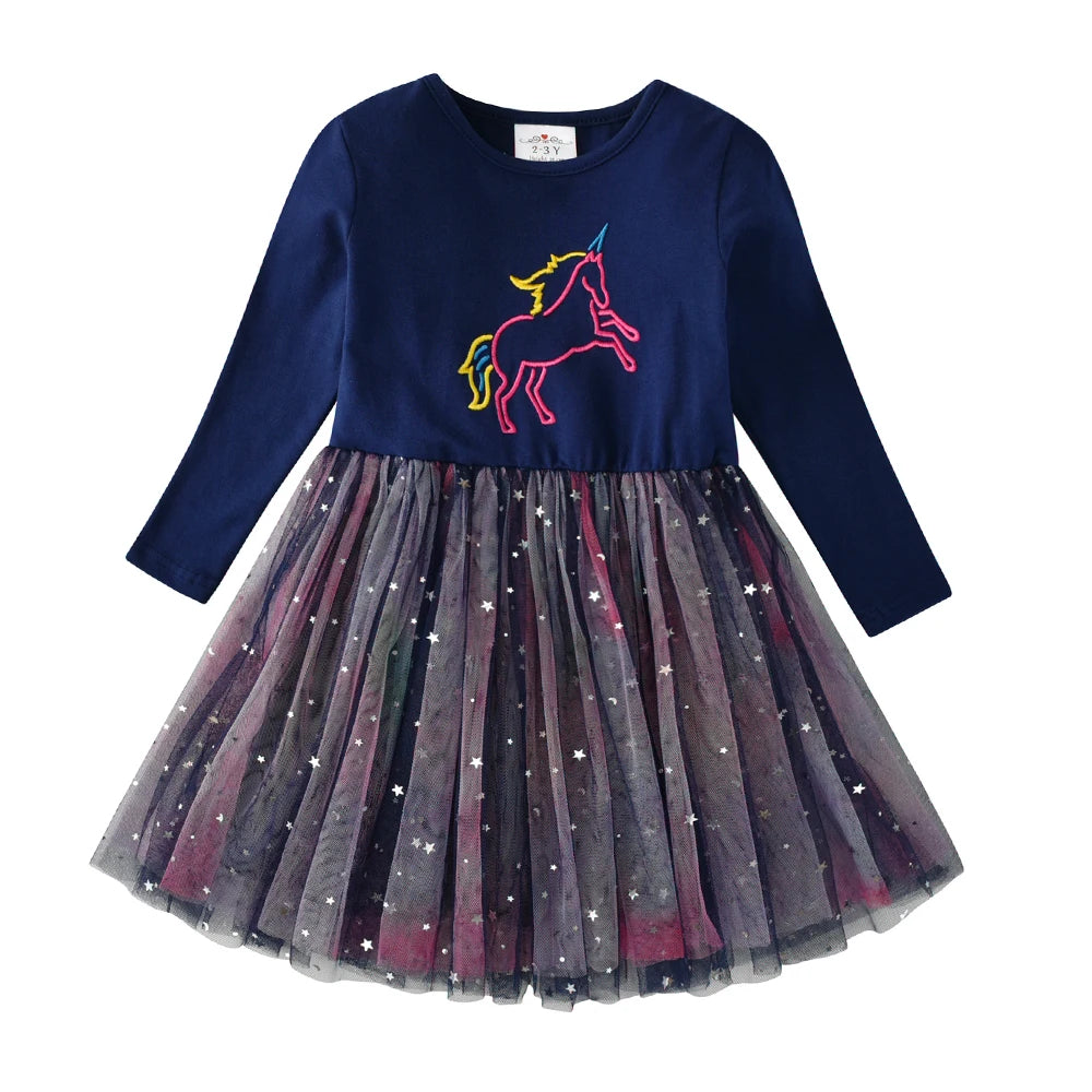 DXTON Autumn Kids Costume Embroidery Unicorn Long Sleeve Girls Dresses Mesh Star Blingbling Garden Play Children Casual Clothing