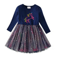 DXTON Autumn Kids Costume Embroidery Unicorn Long Sleeve Girls Dresses Mesh Star Blingbling Garden Play Children Casual Clothing